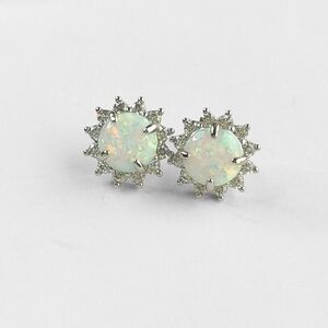 Rainbow Opal Stud Earrings with Diamond halos in Sterling Silver